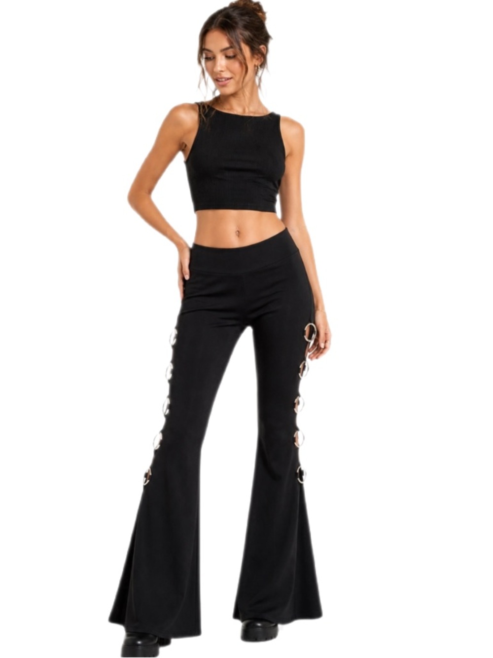 Clovis Y2K Black Flare Pants Silver Ring Cutout Bell Bottom approx M